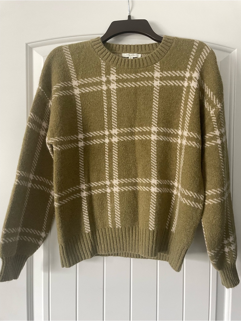 Z Supply Olive Plaid Crewneck Sweater with Cream Windowpane